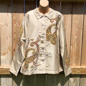 Coldwater Creek Button Up Jacket Embroidered Paisley Design Beige Womens Size XL